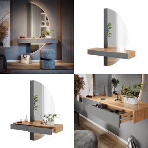 Masuta machiaj cu Oglinda LED si 2 Sertare pentru Cosmetice, Set Masa toaleta 120 cm, Gri, masuta vanity cu Riflaj, cosmetica- SEM243 - Img 3
