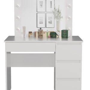 Masuta machiaj cu Oglinda LED si 2 Sertare pentru Cosmetice, Set Masa toaleta 98 cm, Alb, masuta cosmetica, vanity - SEA554 - Img 5