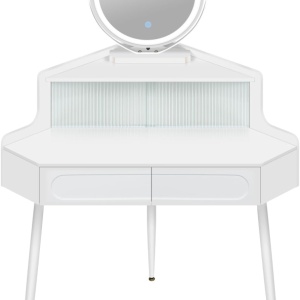 Masuta machiaj cu Oglinda LED si 2 Sertare pentru Cosmetice, Set Masa toaleta 90 cm, Alb, masuta cosmetica, vanity - SEA493 - Img 2