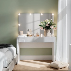 Masuta machiaj cu Oglinda LED si 2 Sertare pentru Cosmetice, Set Masa toaleta 110 cm, Alb Lucios, masuta cosmetica, vanity - SEA812 - Img 5