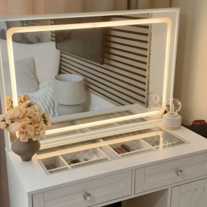 Masuta machiaj cu Oglinda LED si 2 Sertare pentru Cosmetice, Set Masa toaleta 90 cm, Alb, masuta cosmetica, vanity - SEA498 - Img 2