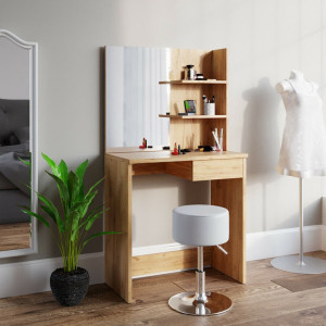 Masuta machiaj cu Oglinda LED si 2 Sertare pentru Cosmetice, Set Masa toaleta 75 cm, Maro, masuta cosmetica, vanity - SEM217 - Img 2