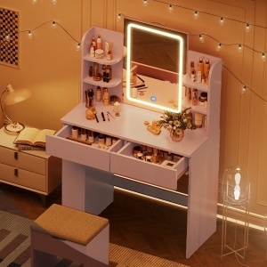 Masuta machiaj cu Oglinda LED si 2 Sertare pentru Cosmetice, Set Masa toaleta 90 cm, Alb / Negru / Roz, masuta cosmetica, vanity - SER203 - Img 10