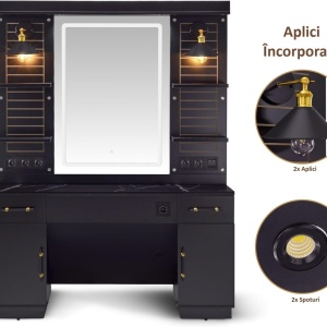 Masuta machiaj cu Oglinda LED si 2 Sertare pentru Cosmetice, Set Masa toaleta 150 cm, Negru / Maro, masuta cosmetica, vanity - SEN259 - Img 12