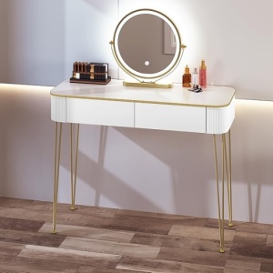 Masuta machiaj cu Oglinda LED si 2 Sertare pentru Cosmetice, Set Masa toaleta 100 cm, Alb, masuta cosmetica, vanity - SEA471 - Img 3