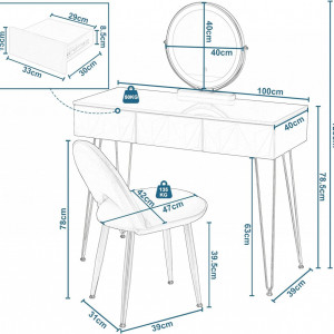 Masuta machiaj cu Oglinda LED si 3 Sertare pentru Cosmetice, Set Masa toaleta 100 cm, Alb Lucios, masuta cosmetica, vanity - SEA435 - Img 3
