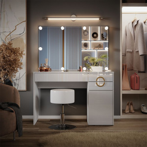 Masuta machiaj cu Oglinda LED si 3 Sertare pentru Cosmetice, Set Masa toaleta 115 cm, Alb Lucios, masuta cosmetica, vanity - SEA440