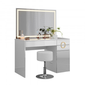 Masuta machiaj cu Oglinda LED si 3 Sertare pentru Cosmetice, Set Masa toaleta 115 cm, Alb Lucios, masuta cosmetica, vanity - SEA442 - Img 2