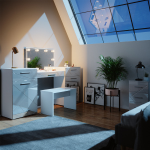 Masuta machiaj cu Oglinda LED si 3 Sertare pentru Cosmetice, Set Masa toaleta 190 cm, Alb Lucios, masuta cosmetica, vanity - SEA480 - Img 4