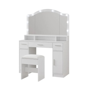 Masuta machiaj cu Oglinda LED si 3 Sertare pentru Cosmetice, Set Masa toaleta 110 cm, Alb, masuta cosmetica, vanity - SEA809 - Img 2