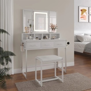Masuta machiaj cu Oglinda LED si 3 Sertare pentru Cosmetice, Set Masa toaleta 90 cm, Alb, masuta cosmetica, vanity - SEA811