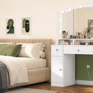Masuta machiaj cu Oglinda LED si 3 Sertare pentru Cosmetice, Set Masa toaleta 102 cm, Alb, masuta cosmetica, vanity - SEA817 - Img 9