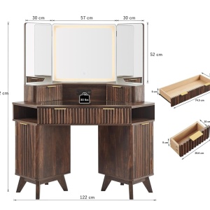 Masuta machiaj cu Oglinda LED si 3 Sertare pentru Cosmetice, Set Masa toaleta 122 cm, Maro, masuta cosmetica, vanity - SEM22 - Img 4