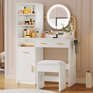Masuta machiaj cu Oglinda LED si 3 Sertare pentru Cosmetice, Set Masa toaleta 80 cm, Alb, masuta cosmetica, vanity - SEA825 - Img 7