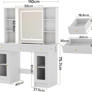 Masuta machiaj cu Oglinda LED si 3 Sertare pentru Cosmetice, Set Masa toaleta 110 cm, Alb, masuta cosmetica, vanity - SEA836 - Img 6