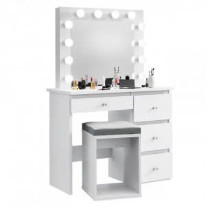 Masuta machiaj cu Oglinda LED si 4 Sertare pentru Cosmetice, Set Masa toaleta 94 cm, Alb, masuta cosmetica, vanity - SEA538 - Img 7