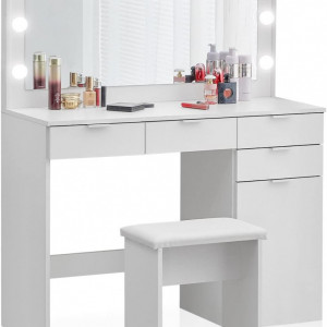 Masuta machiaj cu Oglinda LED si 4 Sertare pentru Cosmetice, Set Masa toaleta 105 cm, Alb, masuta cosmetica, vanity - SEA428 - Img 3