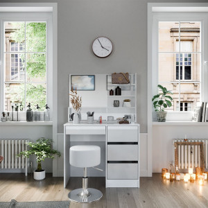 Masuta machiaj cu Oglinda LED si 4 Sertare pentru Cosmetice, Set Masa toaleta 90 cm, Alb Lucios, masuta cosmetica, vanity - SEA467 - Img 3