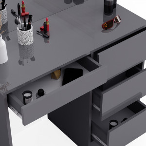Masuta machiaj cu Oglinda LED si 4 Sertare pentru Cosmetice, Set Masa toaleta 90 cm, Gri, masuta cosmetica, vanity - SEG221 - Img 6