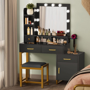 Masuta machiaj cu Oglinda LED si 4 Sertare pentru Cosmetice, Set Masa toaleta 107 cm, Negru, masuta cosmetica, vanity - SEN252