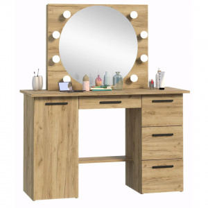 Masuta machiaj cu Oglinda LED si 4 Sertare pentru Cosmetice, Set Masa toaleta 120 cm, Stejar, masuta cosmetica, vanity - SEM514 - Img 3