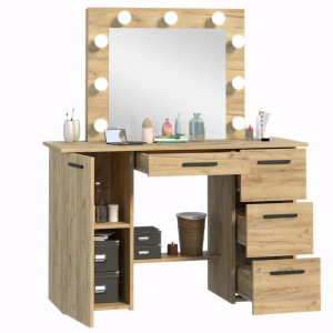 Masuta machiaj cu Oglinda LED si 4 Sertare pentru Cosmetice, Set Masa toaleta 120 cm, Stejar, masuta cosmetica, vanity - SEM516 - Img 4
