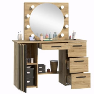 Masuta machiaj cu Oglinda LED si 4 Sertare pentru Cosmetice, Set Masa toaleta 120 cm, Stejar, masuta cosmetica, vanity - SEM518 - Img 5
