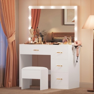 Masuta machiaj cu Oglinda LED si 4 Sertare pentru Cosmetice, Set Masa toaleta 90 cm, Alb, masuta cosmetica, vanity - SEA482