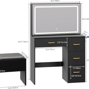 Masuta machiaj cu Oglinda LED si 4 Sertare pentru Cosmetice, Set Masa toaleta 90 cm, masuta cosmetica, vanity - SEN255 - Img 4