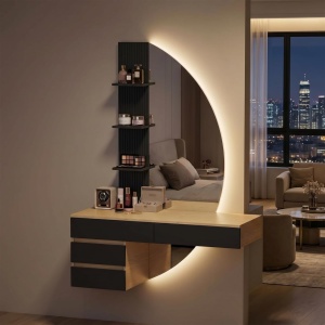 Masuta machiaj cu Oglinda LED si 4 Sertare pentru Cosmetice, Set Masa toaleta 106 cm, Alb - Maro, masuta cosmetica, vanity cu Riflaj si Rafturi - SEM247 - Img 4