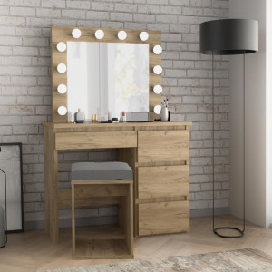 Masuta machiaj cu Oglinda LED si 4 Sertare pentru Cosmetice, Stejar, masuta cosmetica, vanity - SEM502