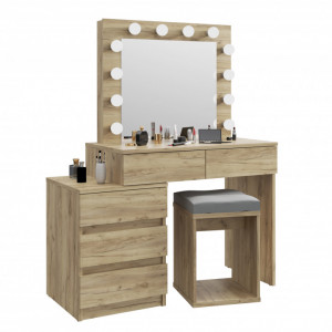 Masuta machiaj cu Oglinda LED si 5 Sertare pentru Cosmetice, Set Masa toaleta 112 cm, Stejar, masuta cosmetica, vanity - SEM510 - Img 6