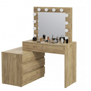 Masuta machiaj cu Oglinda LED si 5 Sertare pentru Cosmetice, Set Masa toaleta 130 cm, Stejar, masuta cosmetica, vanity - SEM512 - Img 3