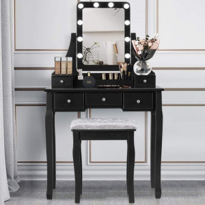 Masuta machiaj cu Oglinda LED si 5 Sertare pentru Cosmetice, Set Masa toaleta 80 cm, masuta cosmetica, vanity - SEN236