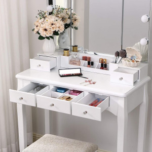 Masuta machiaj cu Oglinda LED si 5 Sertare pentru Cosmetice, Set Masa toaleta 80 cm, Alb, masuta cosmetica, vanity - SEA92 - Img 5