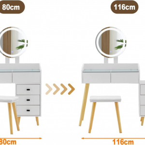 Masuta machiaj cu Oglinda LED si 5 Sertare pentru Cosmetice, Set Masa toaleta 116 cm, Alb, masuta cosmetica, vanity - SEA419 - Img 8