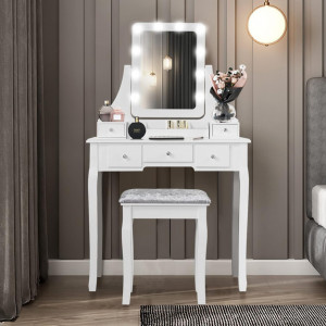 Masuta machiaj cu Oglinda LED si 5 Sertare pentru Cosmetice, Set Masa toaleta 80 cm, Alb, masuta cosmetica, vanity - SEA531