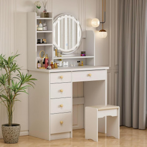 Masuta machiaj cu Oglinda LED si 5 Sertare pentru Cosmetice, Set Masa toaleta 80 cm, Alb, masuta cosmetica, vanity - SEA452 - Img 2