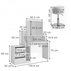 Masuta machiaj cu Oglinda LED si 5 Sertare pentru Cosmetice, Set Masa toaleta 140 cm, Alb, masuta cosmetica, vanity - SEA453 - Img 3