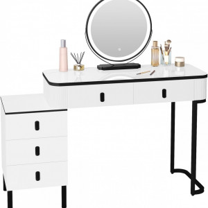 Masuta machiaj cu Oglinda LED si 5 Sertare pentru Cosmetice, Set Masa toaleta 100 cm, Alb, masuta cosmetica, vanity - SEA470 - Img 5