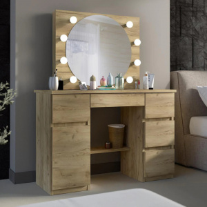 Masuta machiaj cu Oglinda LED si 5 Sertare pentru Cosmetice, Set Masa toaleta 120 cm, Stejar, masuta cosmetica, vanity - SEM520 - Img 6