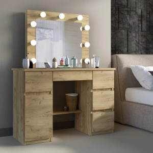 Masuta machiaj cu Oglinda LED si 5 Sertare pentru Cosmetice, Set Masa toaleta 120 cm, Stejar, masuta cosmetica, vanity - SEM522