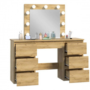 Masuta machiaj cu Oglinda LED si 5 Sertare pentru Cosmetice, Set Masa toaleta 120 cm, Stejar, masuta cosmetica, vanity - SEM534 - Img 3