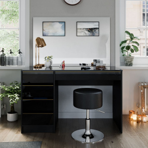 Masuta machiaj cu Oglinda LED si 5 Sertare pentru Cosmetice, Set Masa toaleta 120 cm, Negru, masuta cosmetica, vanity - SEN253 - Img 3