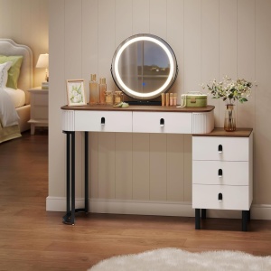 Masuta machiaj cu Oglinda LED si 5 Sertare pentru Cosmetice, Set Masa toaleta 120 cm, Alb, masuta cosmetica, vanity - SEA497 - Img 3