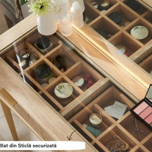 Masuta machiaj cu Oglinda LED si 5 Sertare pentru Cosmetice, Set Masa toaleta 122 cm, Alb, Antracit sau Culoarea Stejar, masuta cosmetica cu Riflaj, vanity - SEM21 - Img 5
