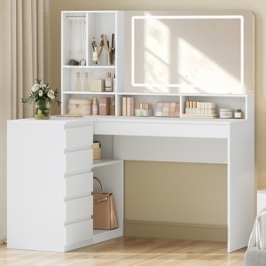 Masuta machiaj cu Oglinda LED si 5 Sertare pentru Cosmetice, Set Masa toaleta 120 cm, Alb, masuta cosmetica, vanity - SEA32 - Img 10