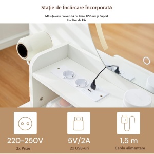 Masuta machiaj cu Oglinda LED si 5 Sertare pentru Cosmetice, Set Masa toaleta 105 - 130 cm, Alb, masuta cosmetica cu Prize si USB, Suport Uscator de Par - SEA25 - Img 6