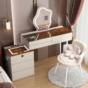 Masuta machiaj cu Oglinda LED si 6 Sertare pentru Cosmetice, Set Masa toaleta 100 cm, Alb, masuta cosmetica, vanity - SEA164