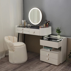 Masuta machiaj cu Oglinda LED si 6 Sertare pentru Cosmetice, Set Masa toaleta 100 cm, Alb, masuta cosmetica, vanity - SEA167
